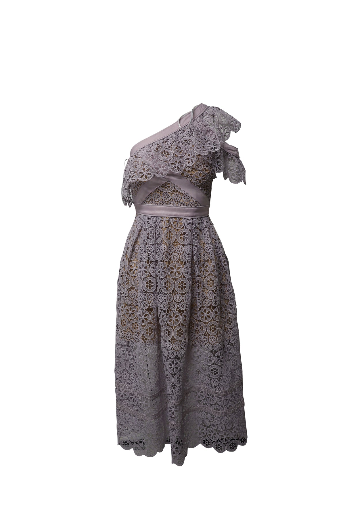 Self Portrait One Shoulder Lace Midi Dress in Purple Polyester