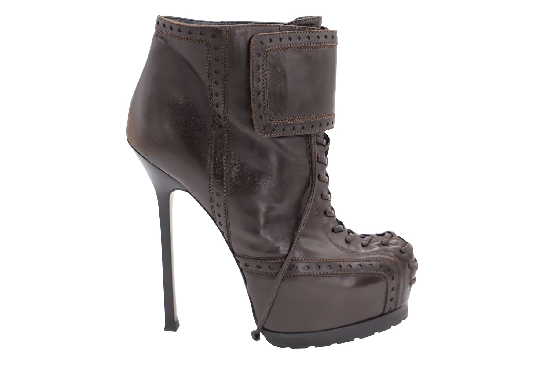 Yves Saint Laurent Tribtoo 105 Lace Up Bootie in Brown Leather