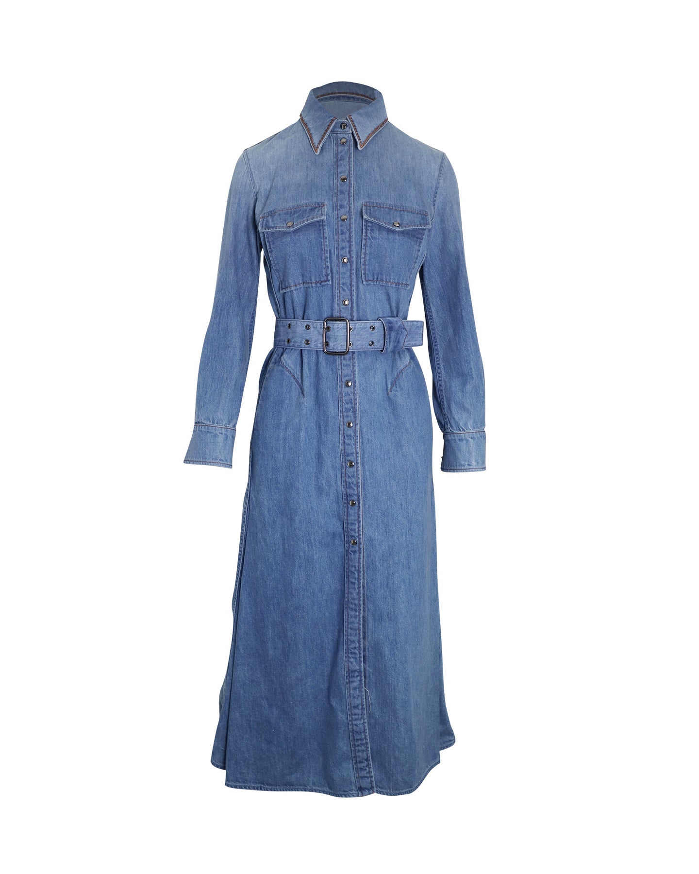 Chloe Belted Midi Shirt Dress in Blue Cotton Denim 7802217955388