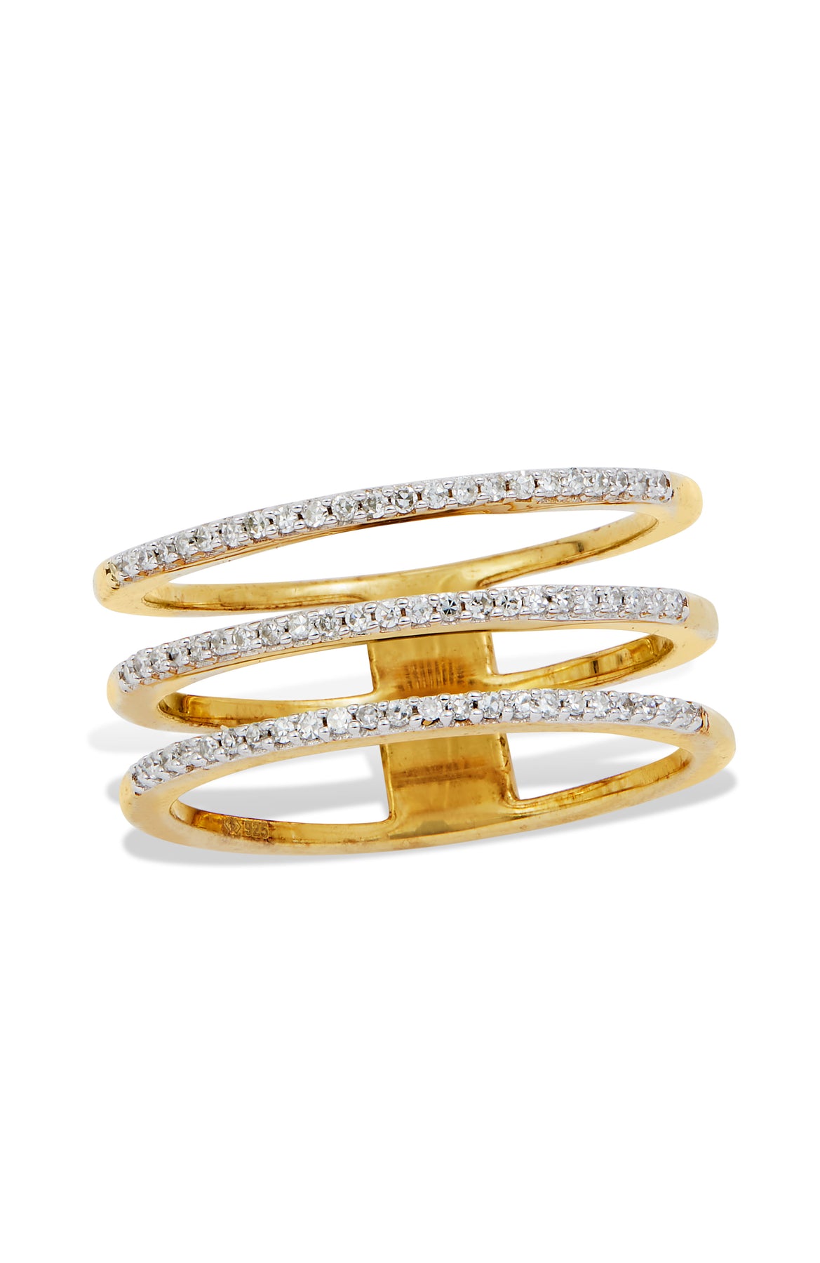 18K GOLD OVER STERLING SILVER TRIPLE ROW DIAMONDS RING 7761141923900