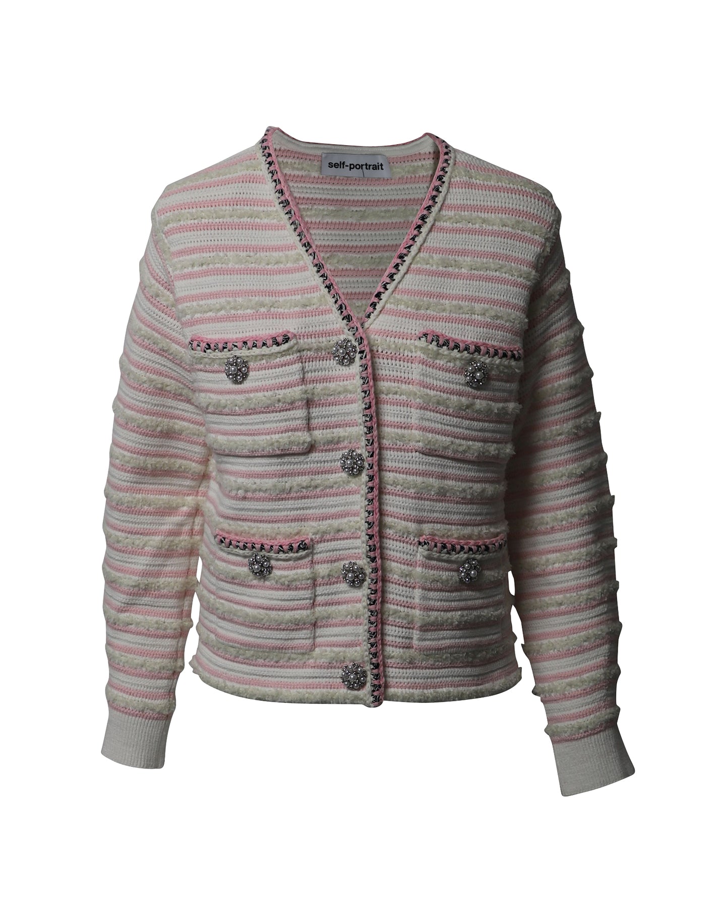 Self-Portrait Rhinestone-Embellished Striped Cardigan In Pink Cotton 7802222641212