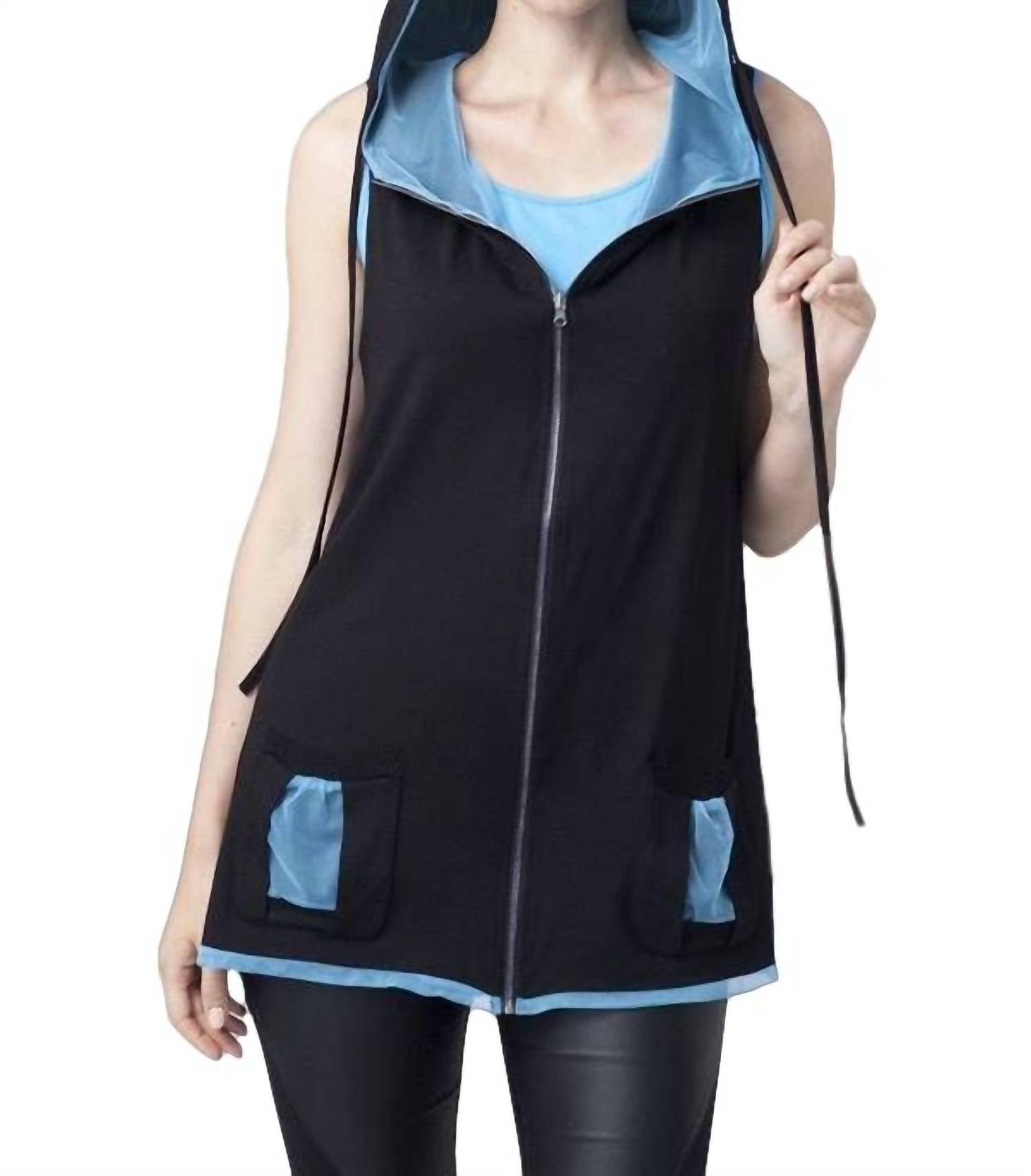 Contrast Hooded Zip Vest In Black/turquoise