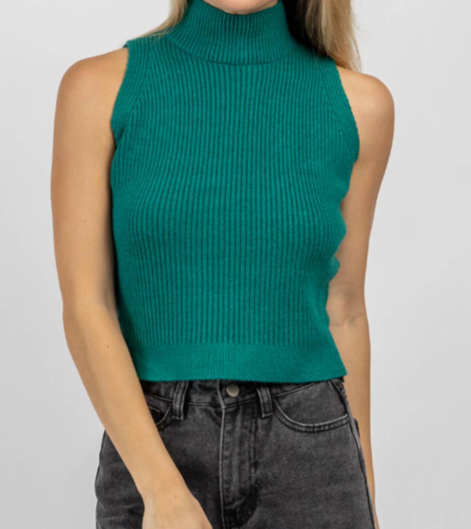 Mock Neck Knit Tank In Jade Green