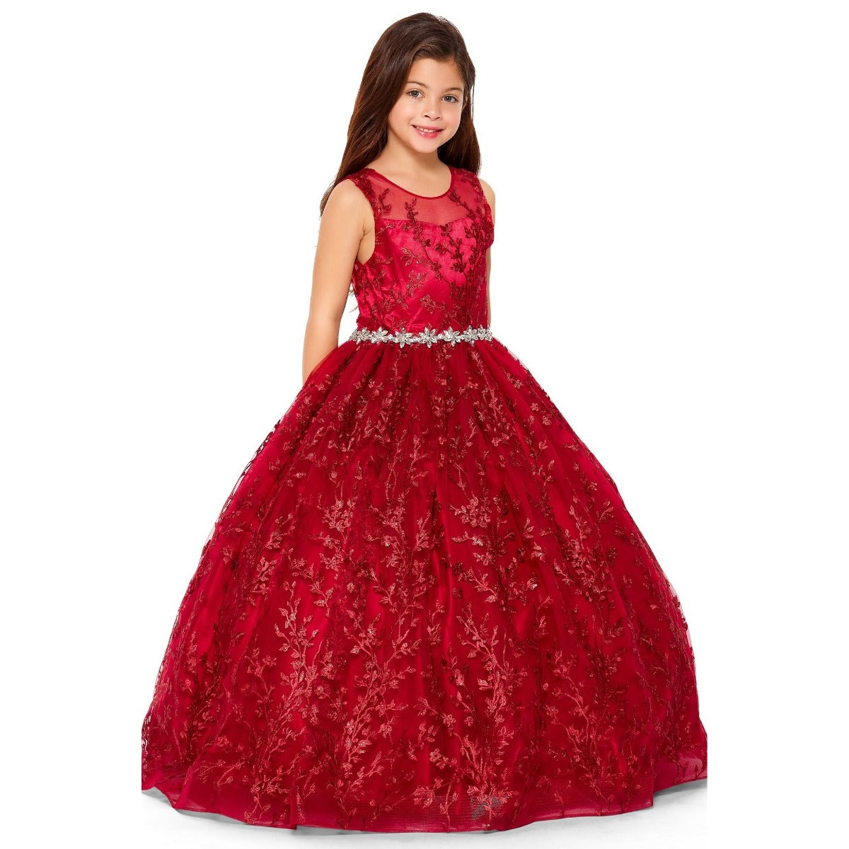 Big Girls Burgundy Glitter Embroidered Rhinestone Belt Ball Gown 8-16