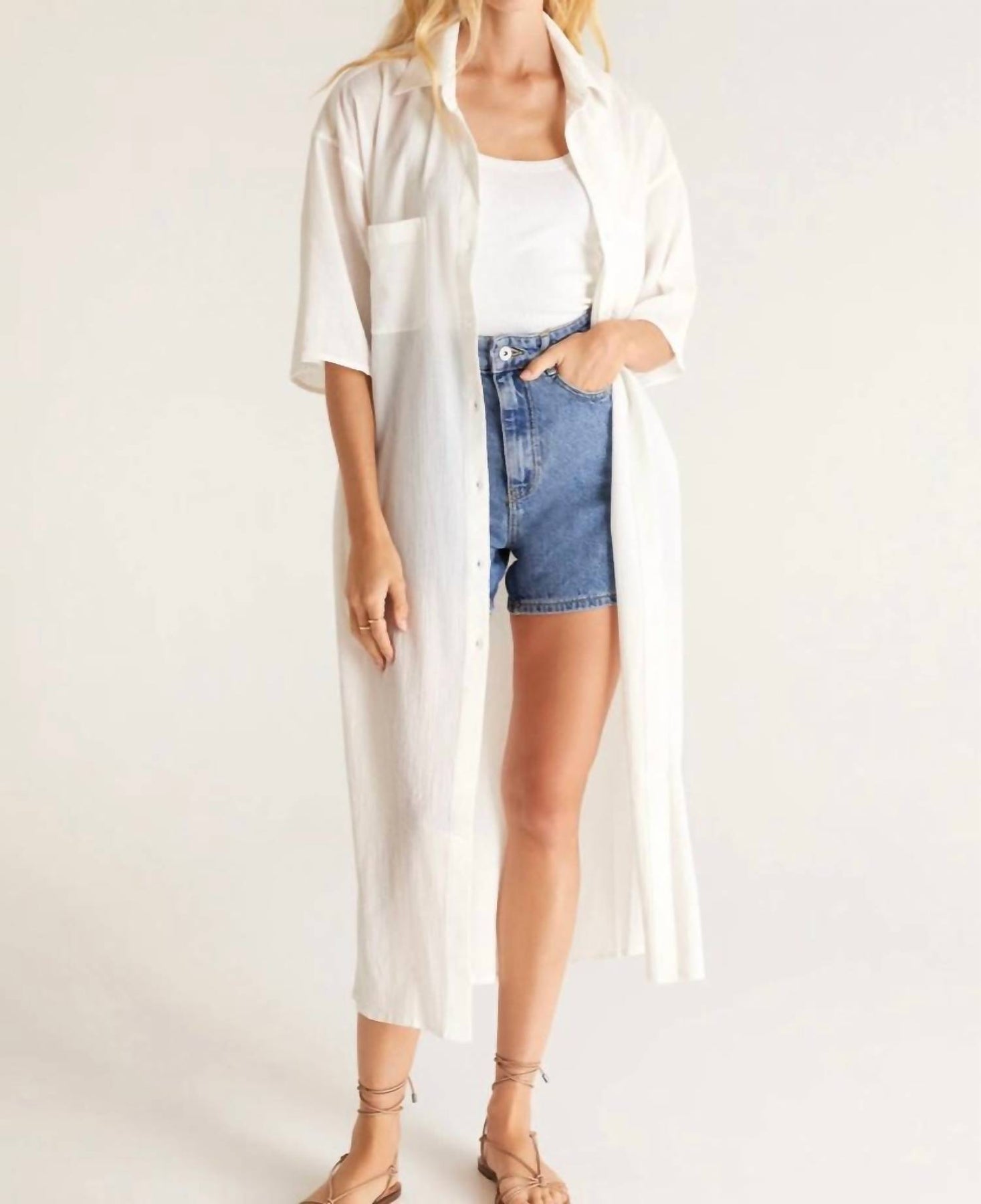 Lina Button Up Duster In White 7268654088252