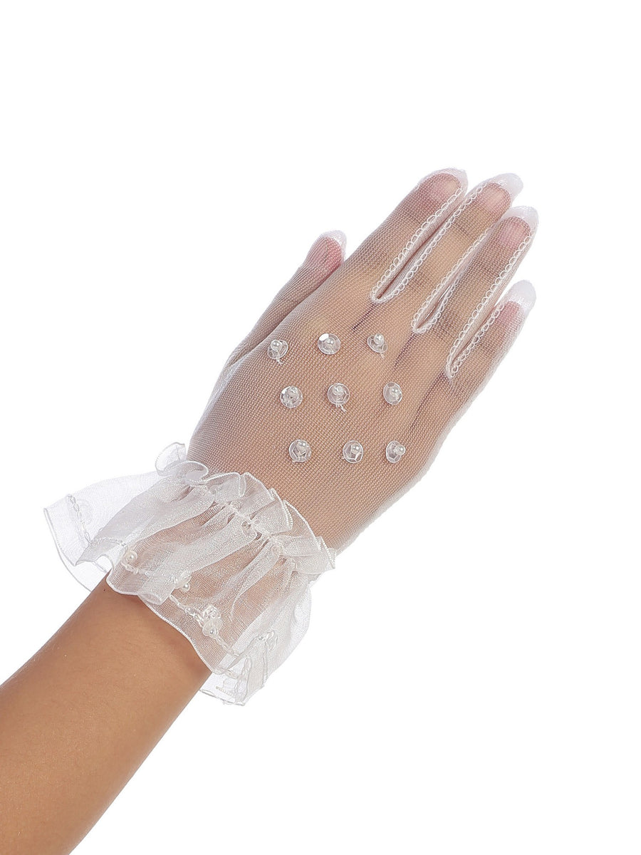 Little Girls White Beadwork Top Sheer Communion Flower Girl Gloves 4-7
