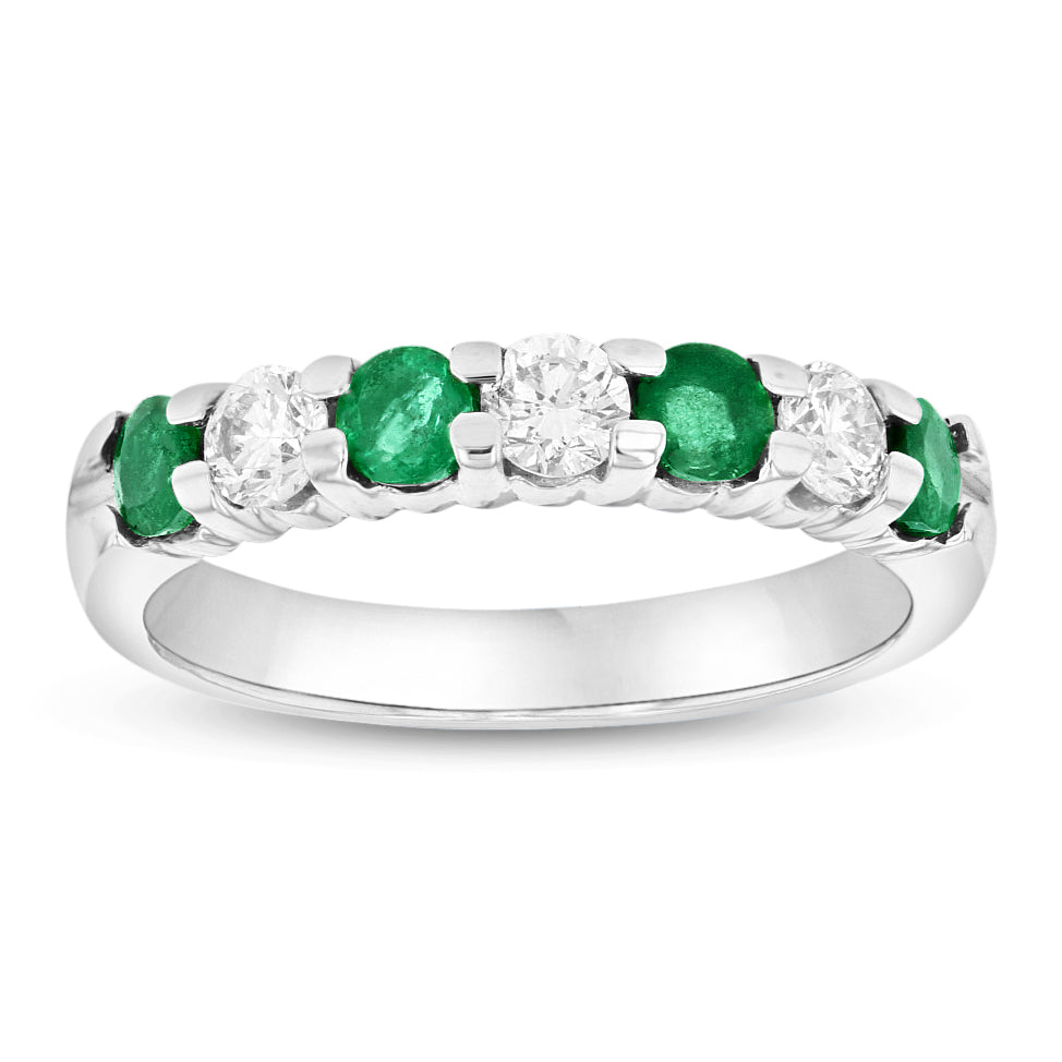 14K Gold Ring 1.00ct tw Round Diamonds and Emeralds Prong Set Band