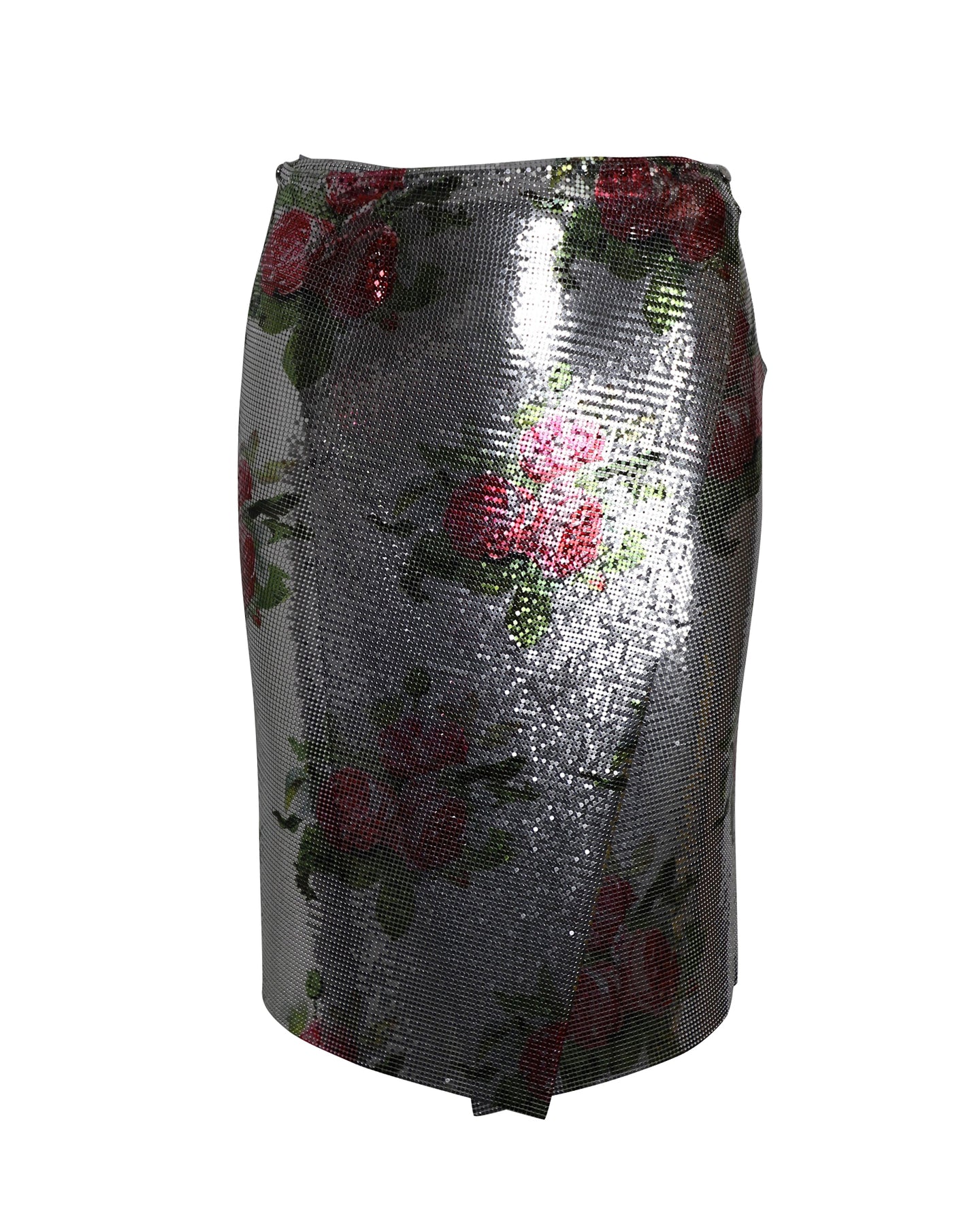 Paco Rabanne Floral-Print Mesh Wrap-Skirt in Silver Aluminum 7802218545212
