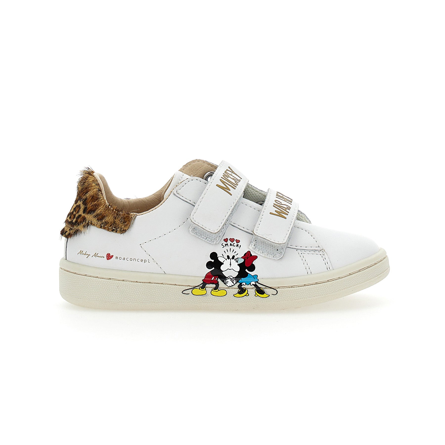 White Mickey + Minnie Leopard Tab Velcro Sneakers