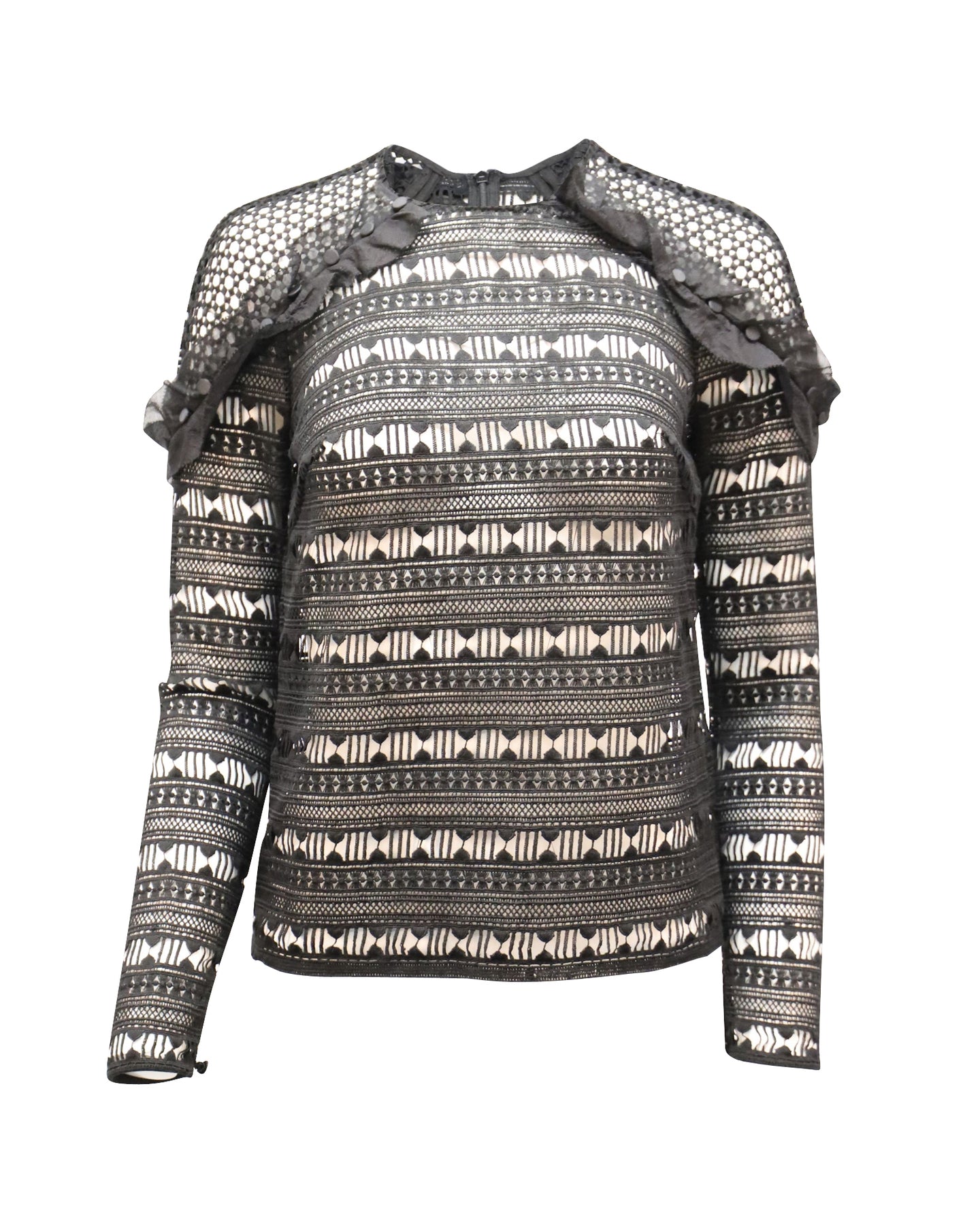 Self-Portrait Ruffled Lace Long-sleeve Top in Black Polyester 7772238512188