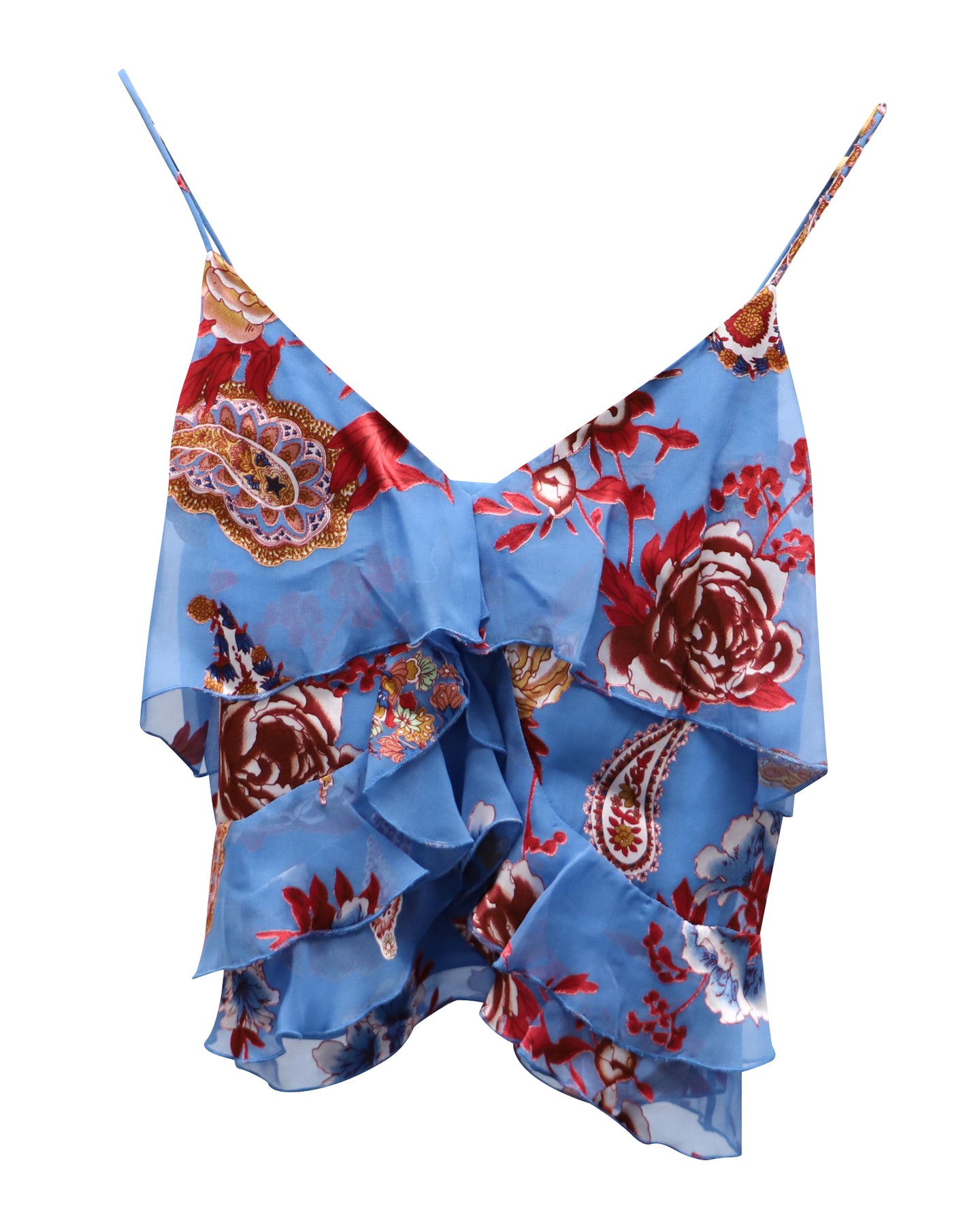 Alice & Olivia Floral Ruffled Sleeveless Croptop in Blue Silk 7772239429692