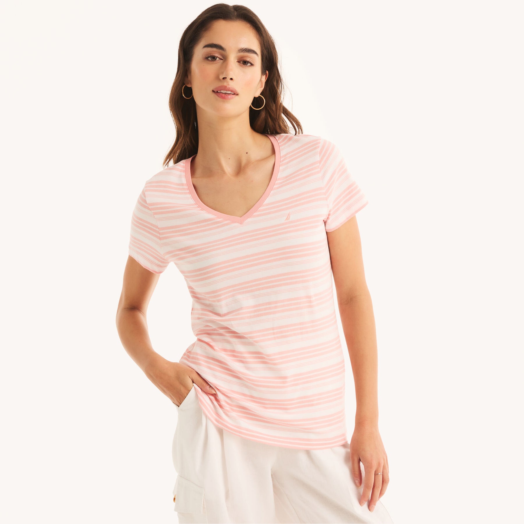 Nautica Womens Sustainably Crafted Striped V-Neck T-Shirt 7258394886204