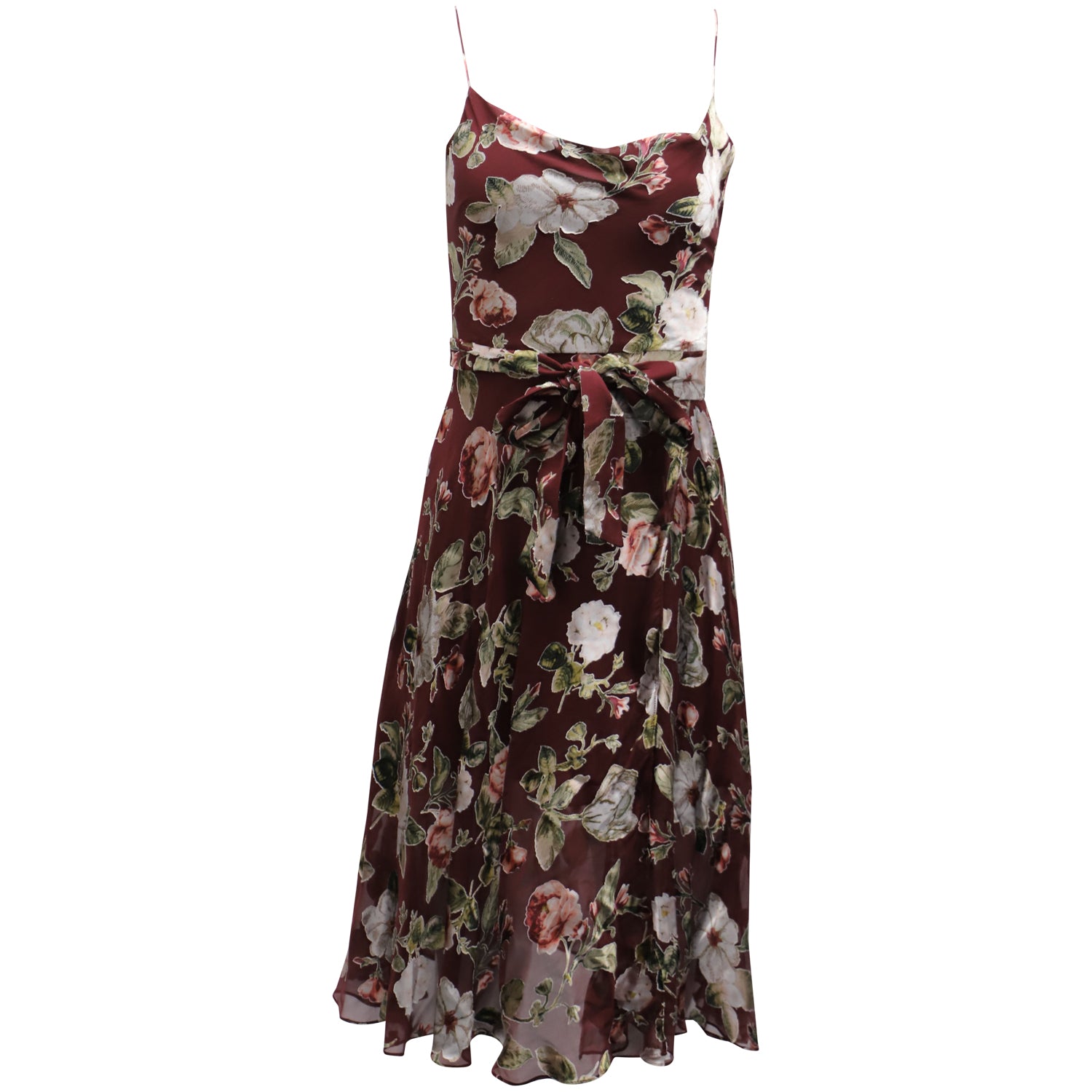 Alice + Olivia Belted Floral Sleeveless Dress in Burgundy Viscose 7771803353148