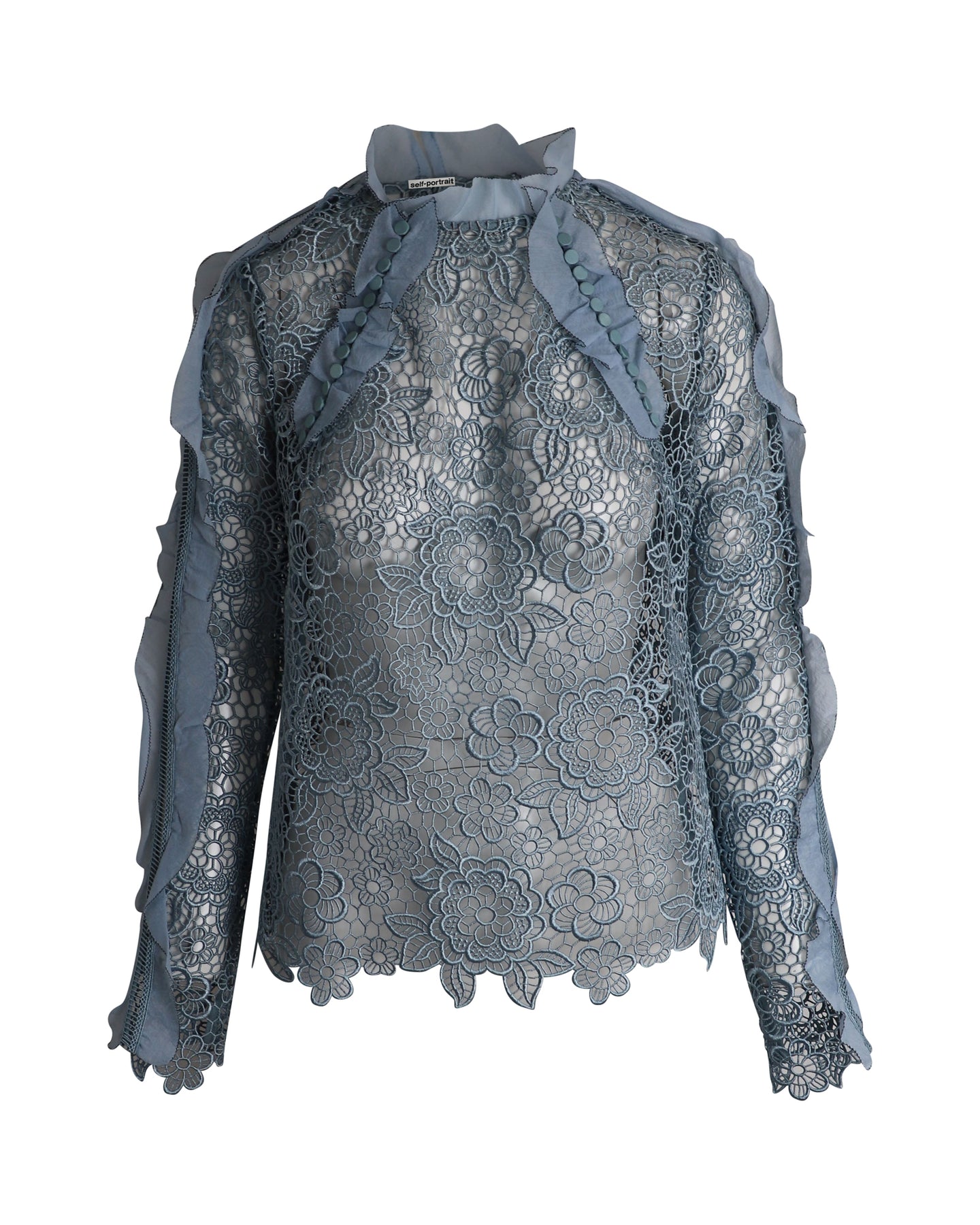 Self-Portrait Cut-Out Ruffled Top in Light Blue Polyester Lace 7802225590332