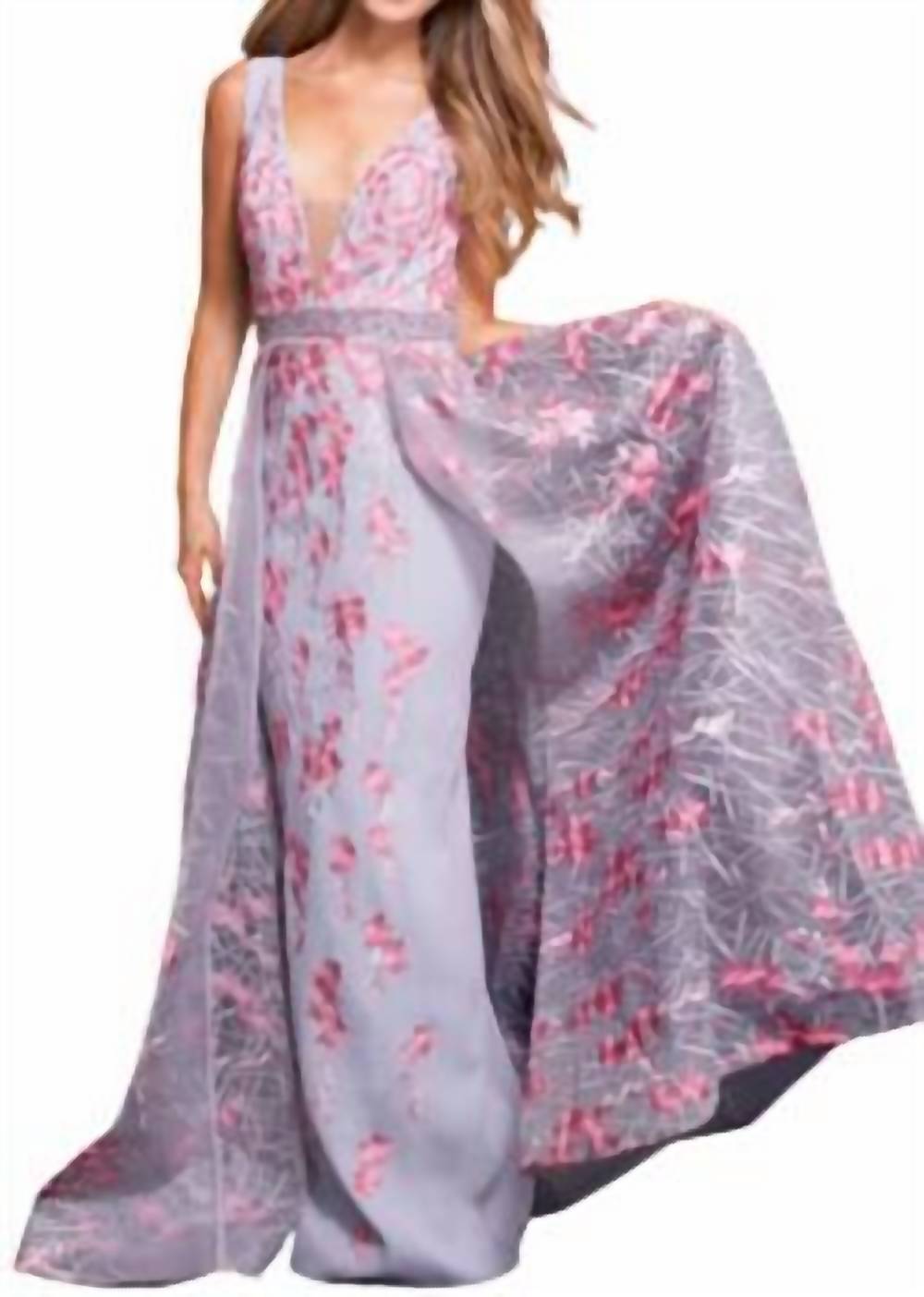 Embroidered Floral Gown In Grey/pink