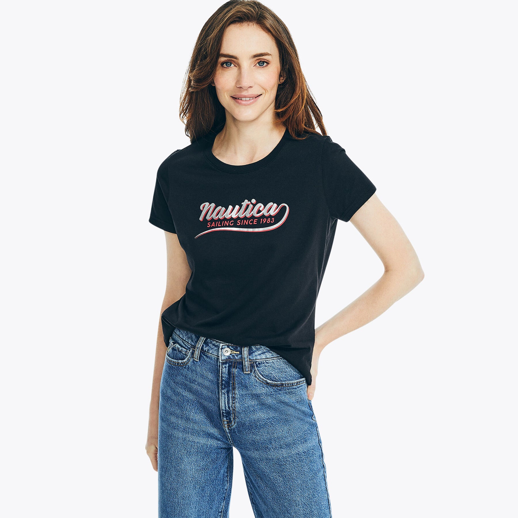 Nautica Womens Sustainably Crafted Nautica Heritage Foil Graphic T-Shirt 7258395181116
