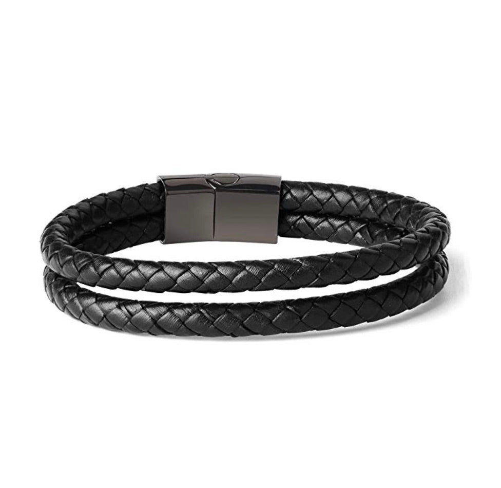 Black Plated Double Row Leather Bracelet 7262167826492