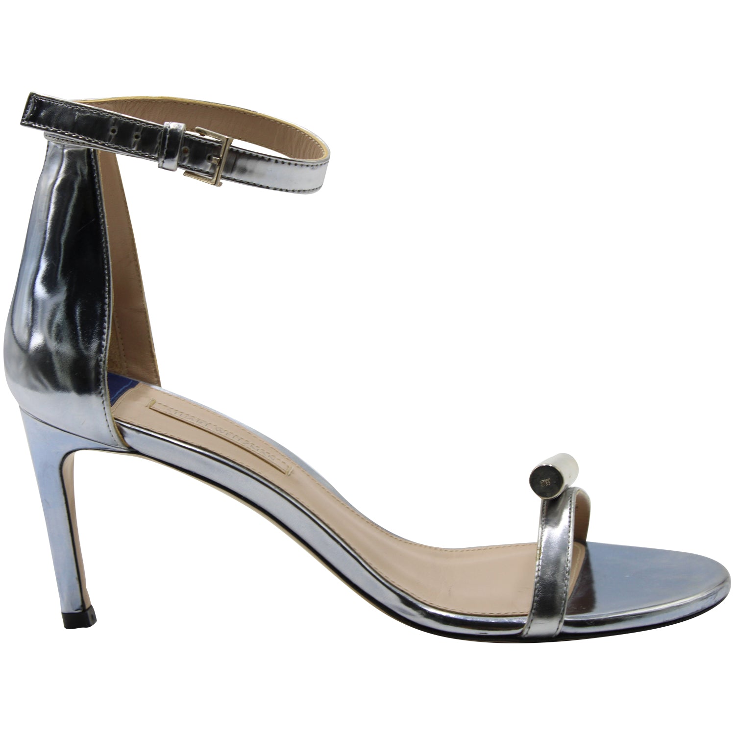Stuart Weitzman Ankle Strap Open Toe High Heel Sandals in Silver Leather 7826369511484