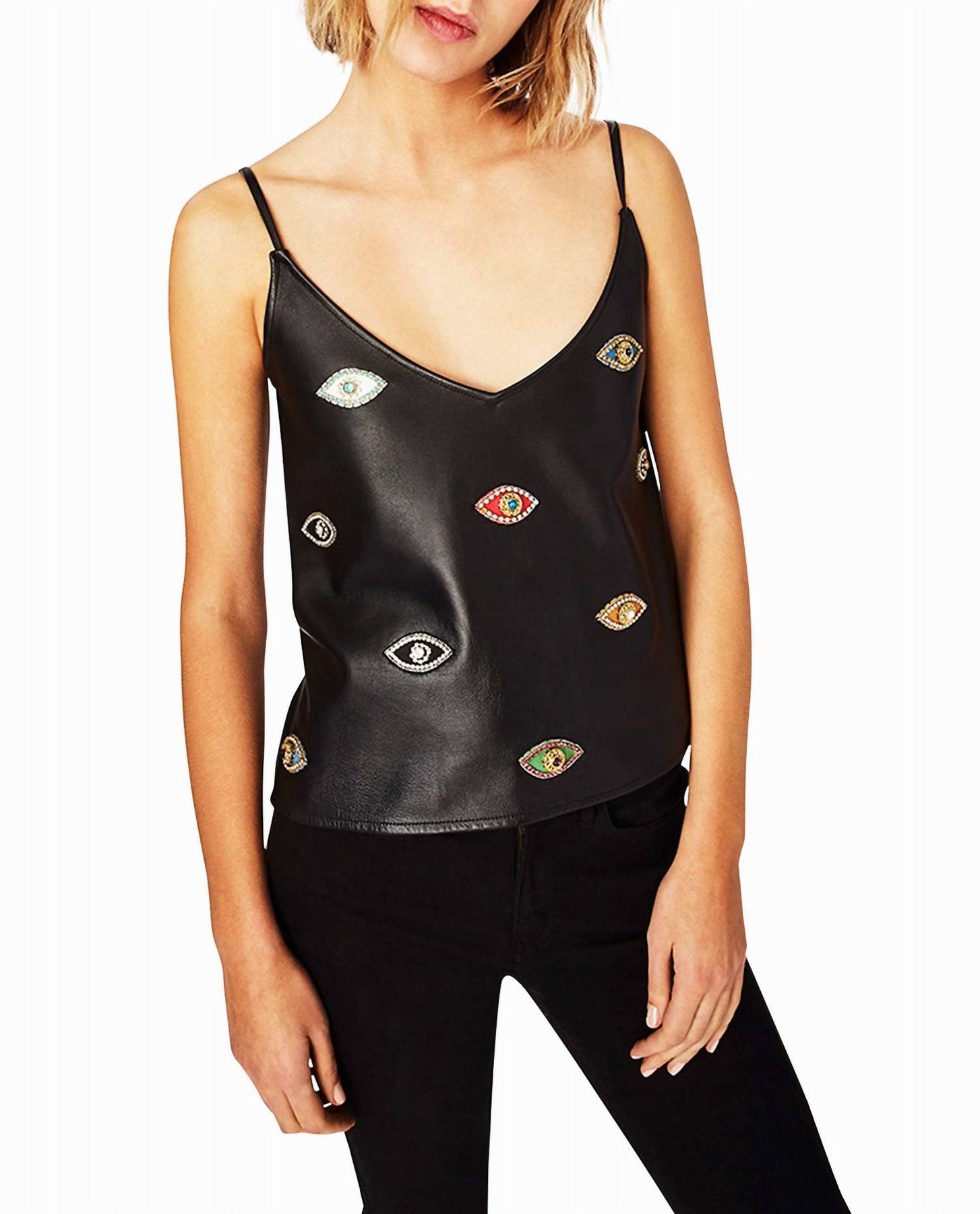 Evil Eye Embellishment V Neck Tank Top In Black Embellished Evil Eye 7686516932668