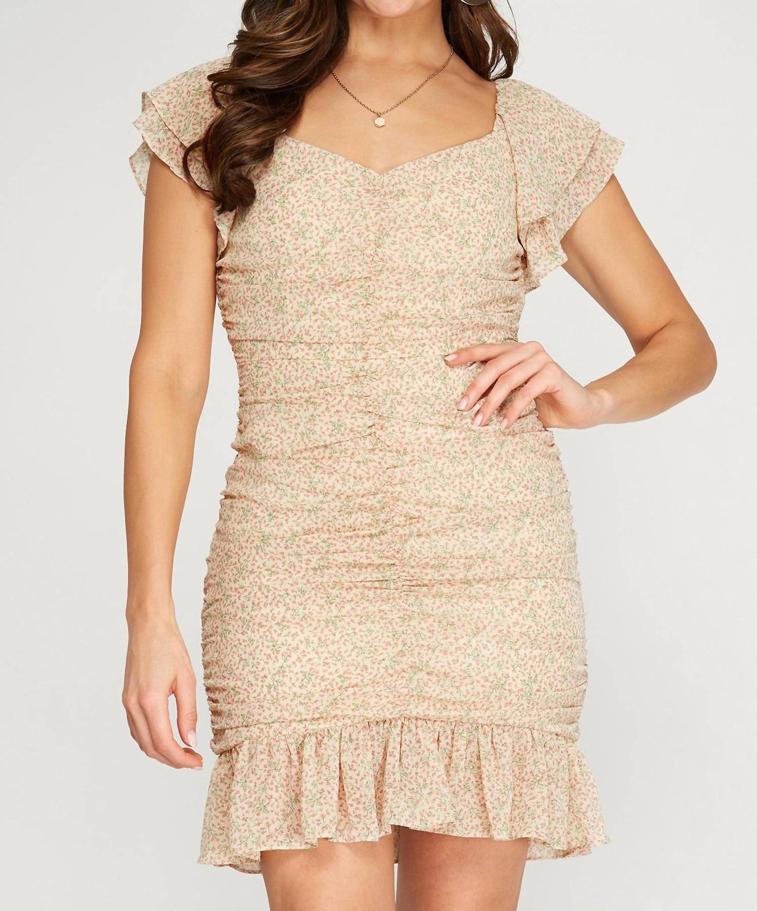 Floral Ruched Mini Dress In Vanilla