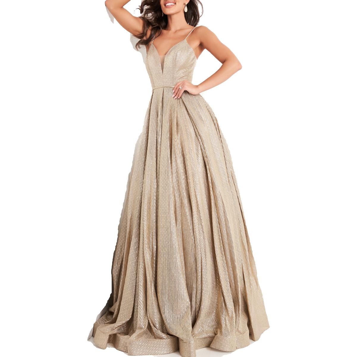 JV by Jovani Metallic Pleated Sleeveless Ball Gown