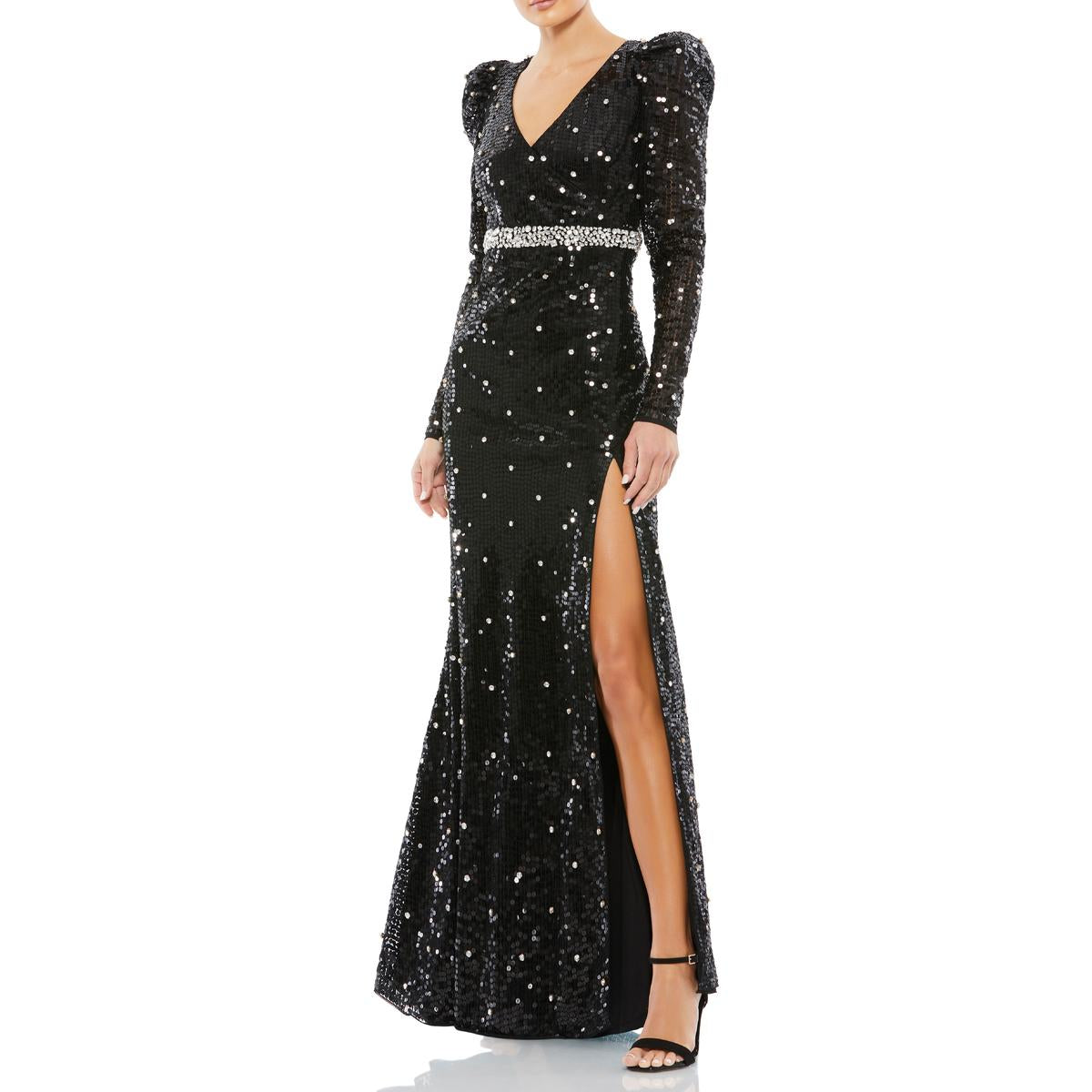Sequined Puff Sleeve V-Neck High Slit Gown