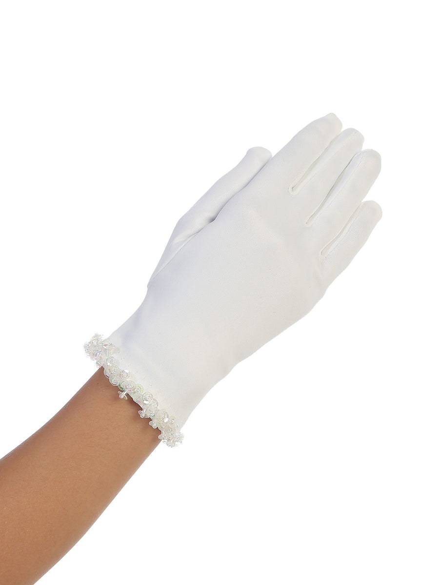 Big Girls White Matte Satin Beaded Accent Communion Flower Girl Gloves 8-14