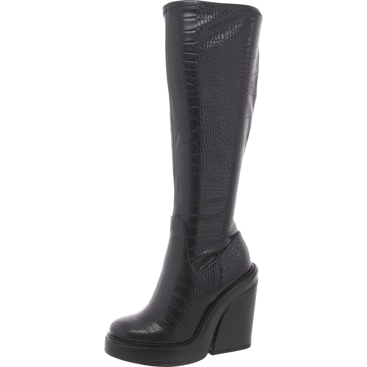 Aligned Croc Print Block Heel Mid-Calf Boots