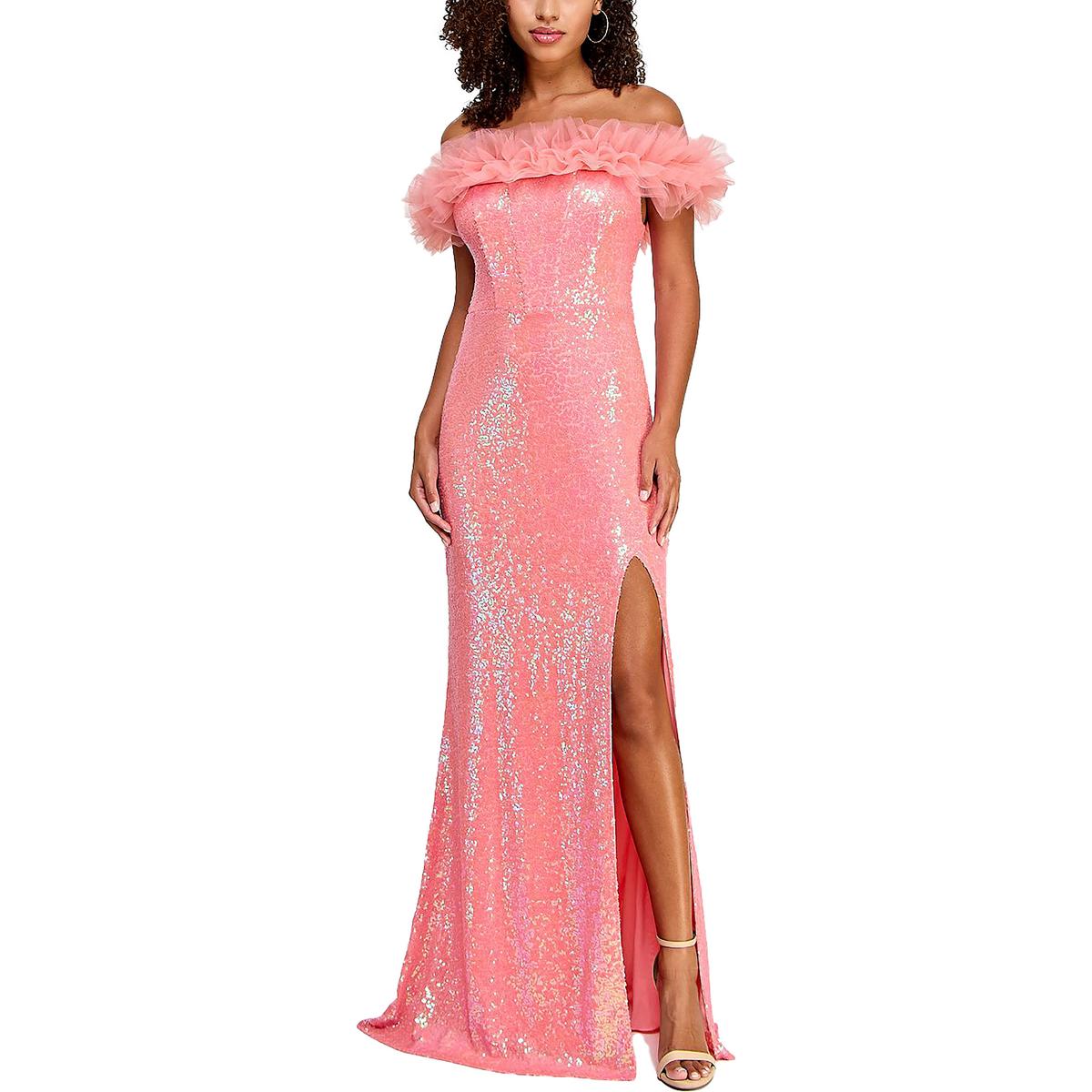Juniors Sequin Off-The-Shoulder Evening Dress